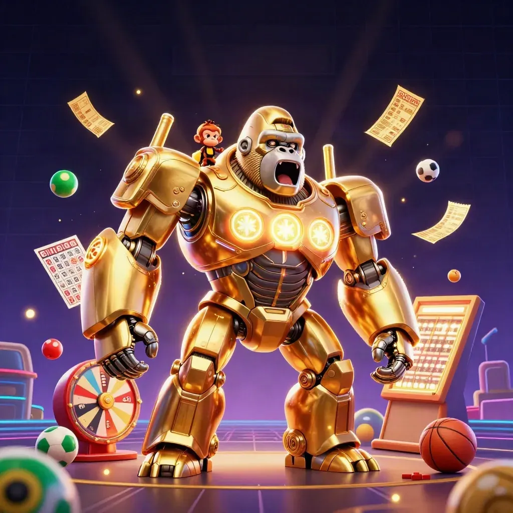 Golden gorilla mech with monkey pilot, casino treasures, neon grid, and dramatic god-rays.