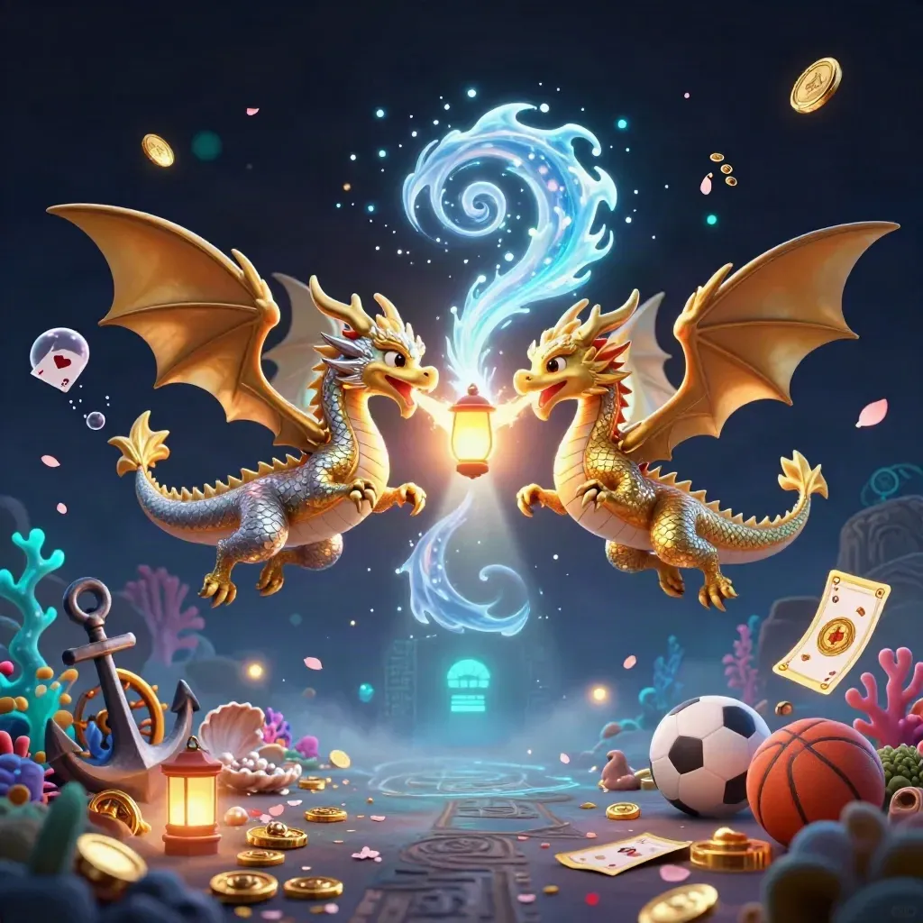 Twin gold and silver dragons clash above treasure cove chaos with balls, cards, and glowing ruins.