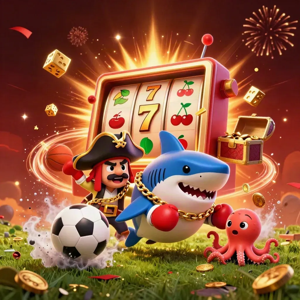 Pirate shark, pufferfish, and octopus amid slot burst, coins, balls, and fiery casino glow