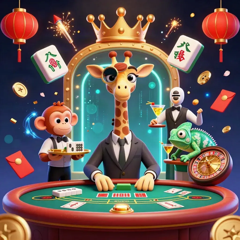 Giraffe high roller, monkey valet, and chameleon bartender in a luxe neon casino room with gold glow