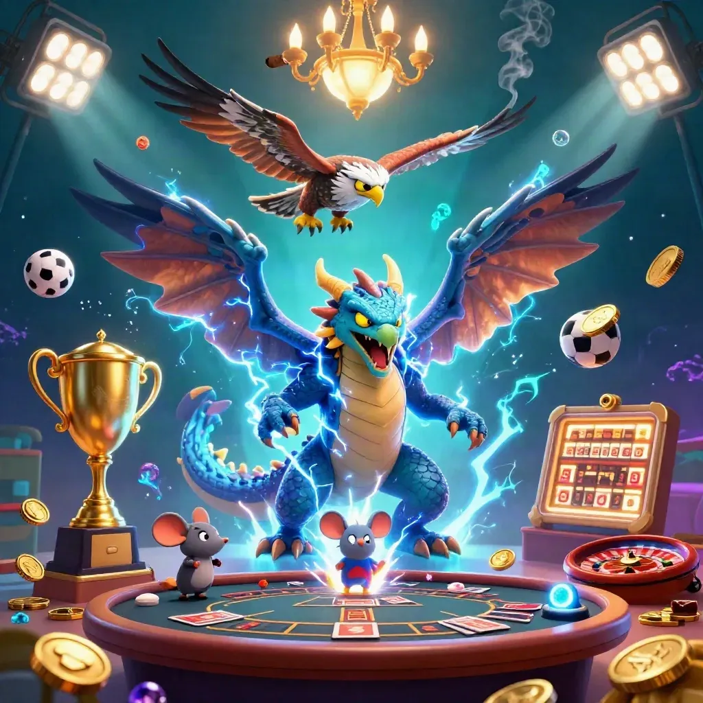 Thunder dragon, wind hawk, and static mouse in a luxe underwater casino scene with gold and neon light.