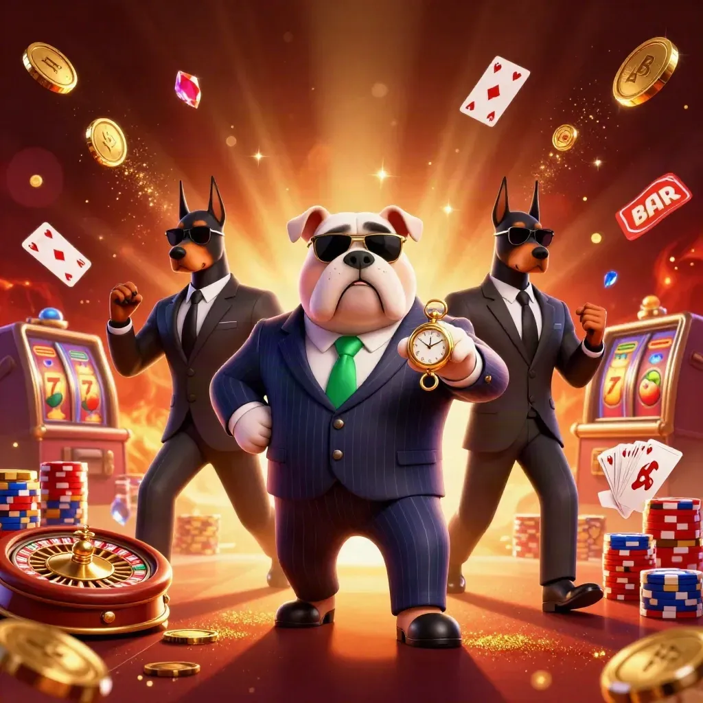 Mafia bulldog and Dobermans amid coins, gems, roulette wheel, chips, and casino glow.