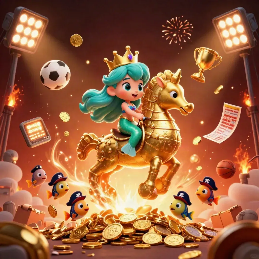 Mermaid princess on armored seahorse amid coins, sports balls, trophy, scoreboard, and fireworks.