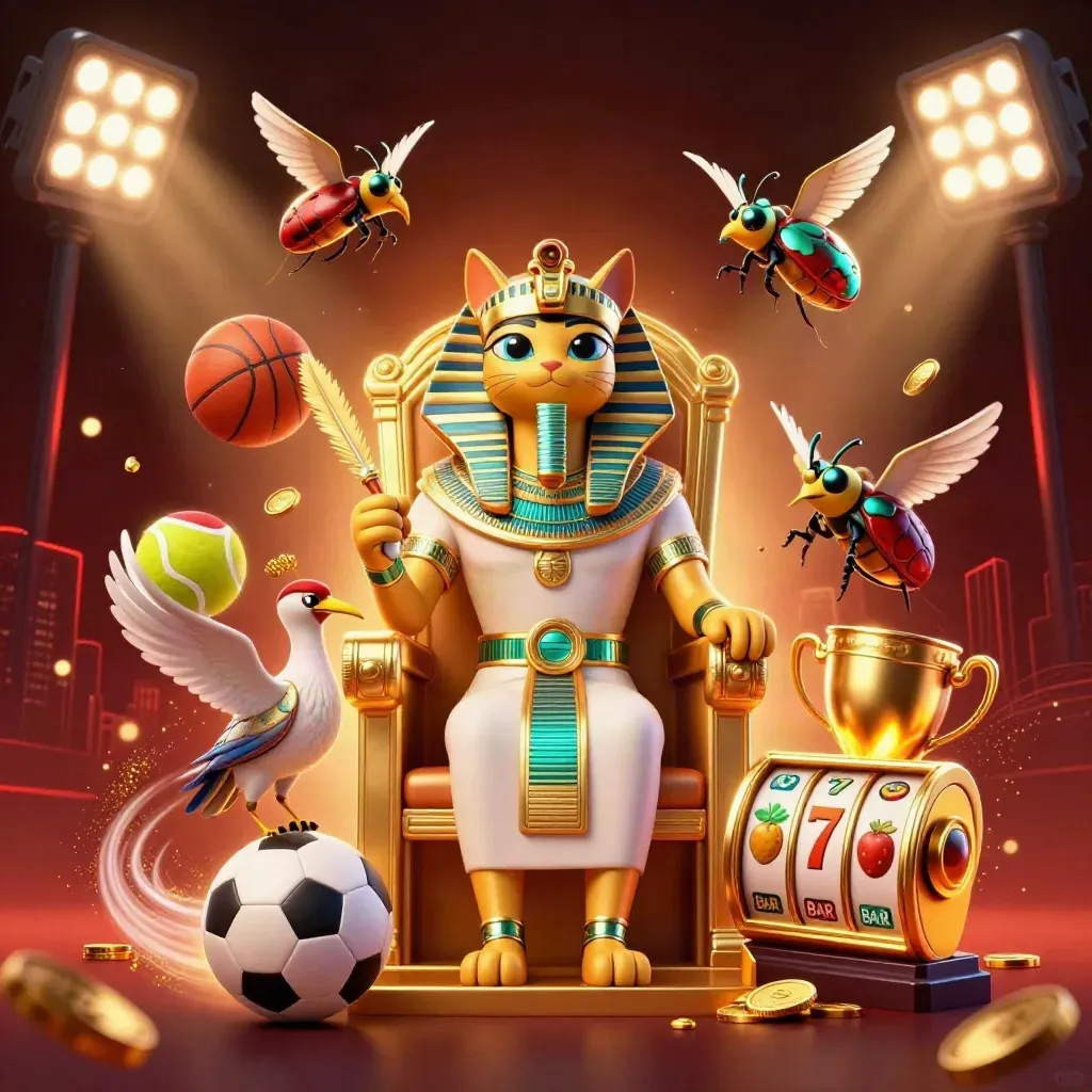 Pharaoh cat on throne with ibis scribe, scarabs, sports balls, coins, trophy, and casino effects.