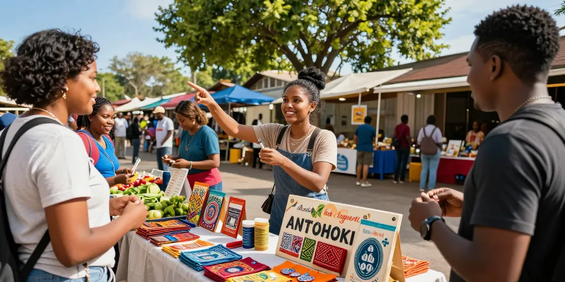 Young entrepreneur engaging customers at ANTOHOKI market stall showcasing artisanal products.